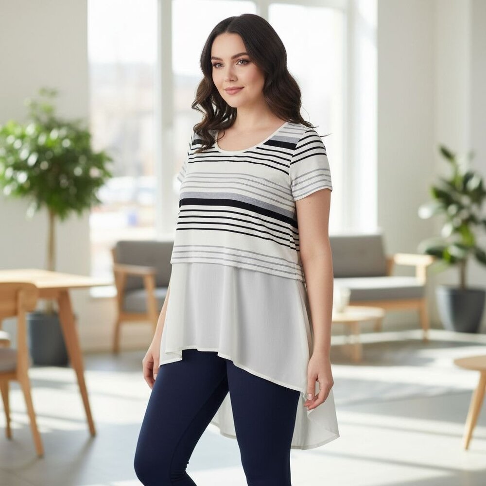 Deletta Striped High-Low Hem Top ✦ S White Navy Gray ✦ Short Sleeve Back Zip EUC
